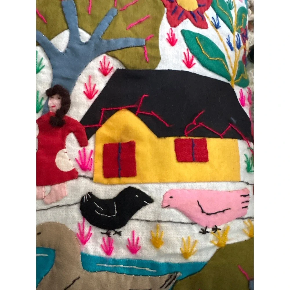 Handmade Arpillera Folk Art Pillow Cover Embroidered 3D Village Scene Colorful